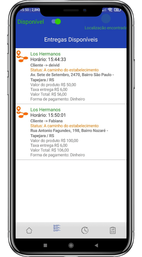 Tela do app do entregador com a lista de entregas disponíveis