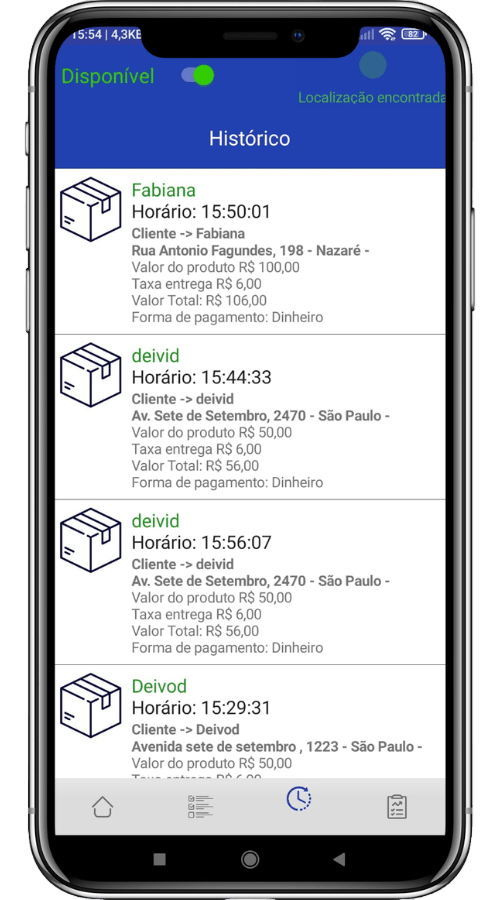 Tela do app do entregador com o histórico de entregas realizadas