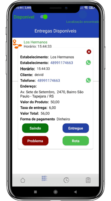 Tela do app do entregador com os detalhes da entrega e botões Saindo, Entregue, Problema e Rota