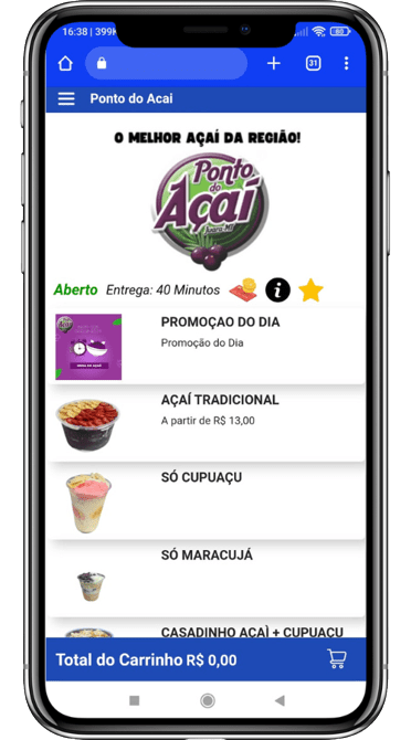 App de delivery no celular mostrando o cardápio de uma loja de açaí e o total do carrinho